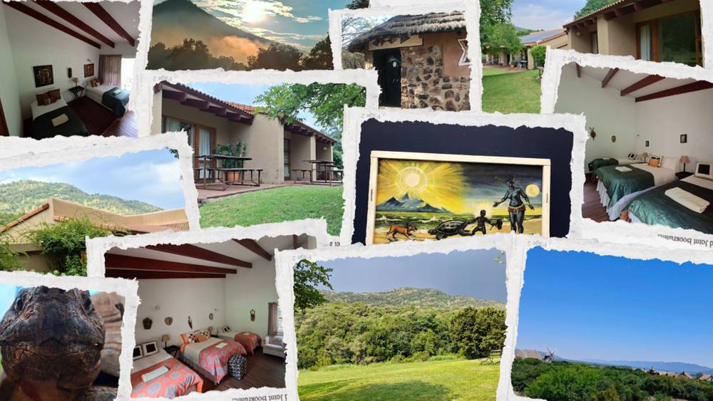 Naledi-Africa collage of rooms, mountain views, and Credo Mutwa artwork